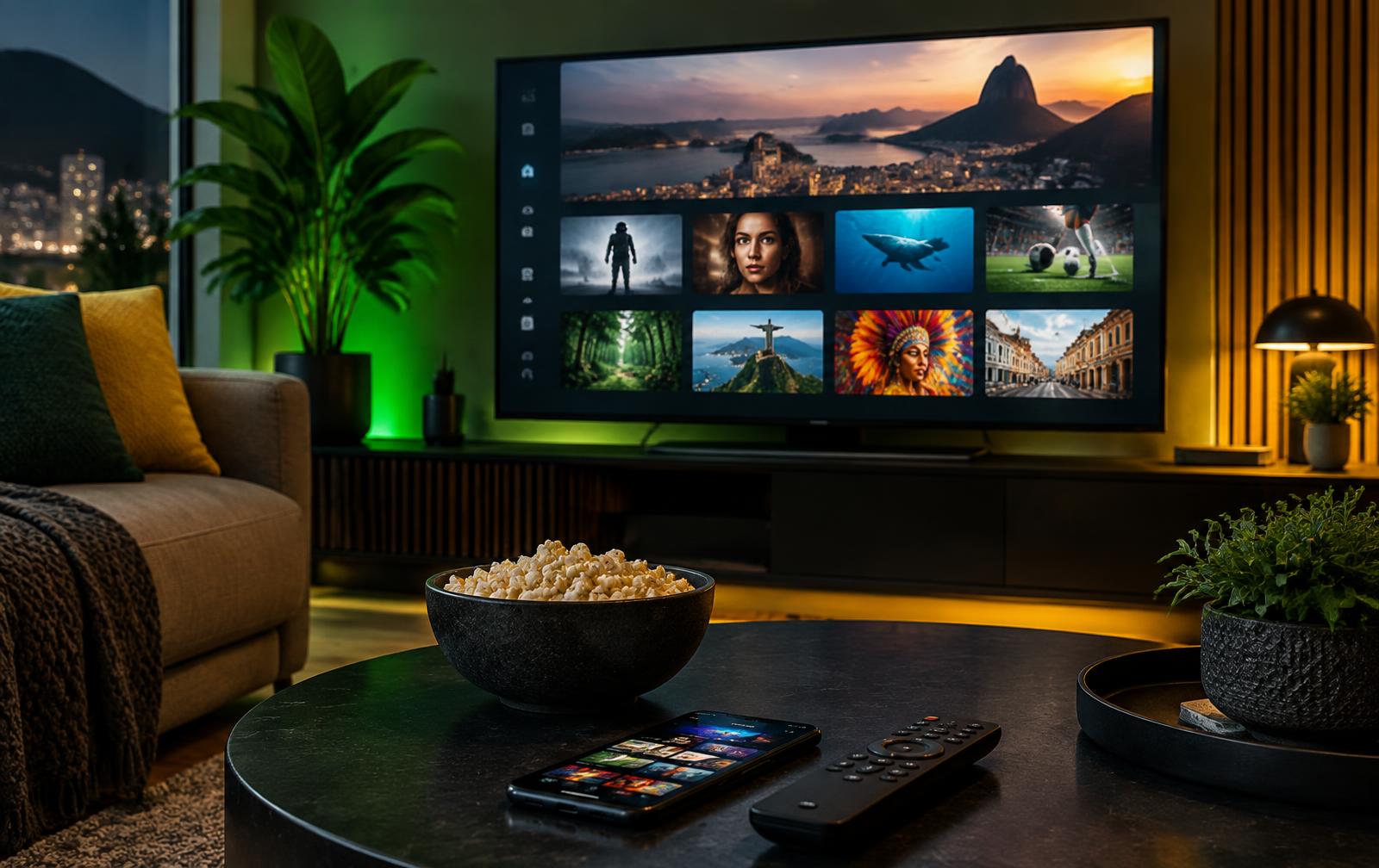 Smart TV com interface de streaming em uma sala moderna