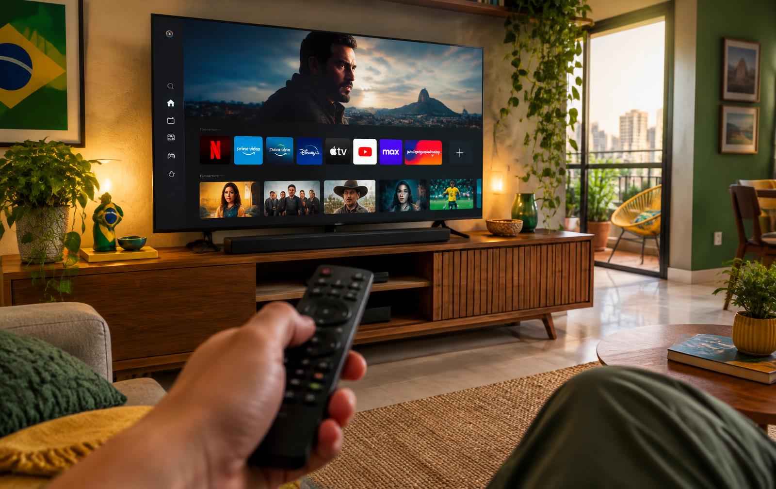 Pessoa usando controle remoto para navegar em aplicativo de IPTV na Smart TV