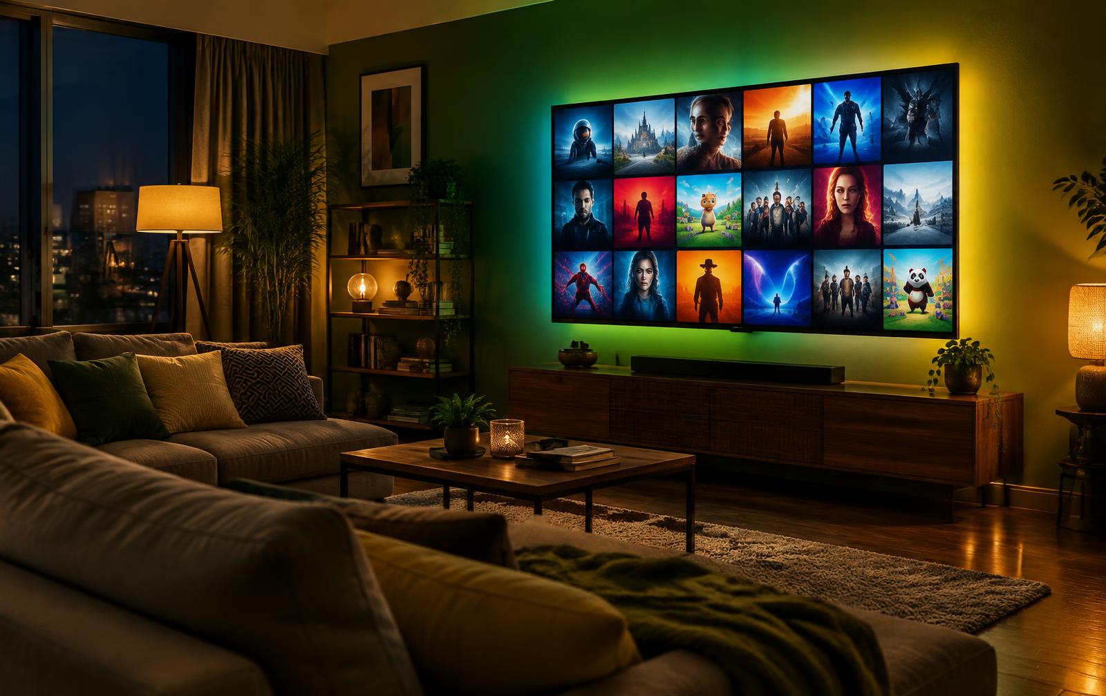 Smart TV exibindo uma grade de canais de uma lista IPTV em uma sala moderna